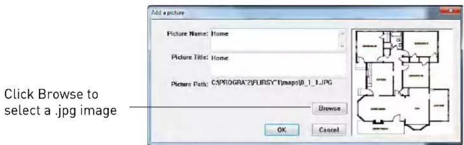 Add a picture Picture Name: Home Picture Title: Home Picture Path: C:\PROGRA\2\FURSY\1\maps\0_1_1.JPG Browse OK Cancel Click Browse to select a .jpg image
