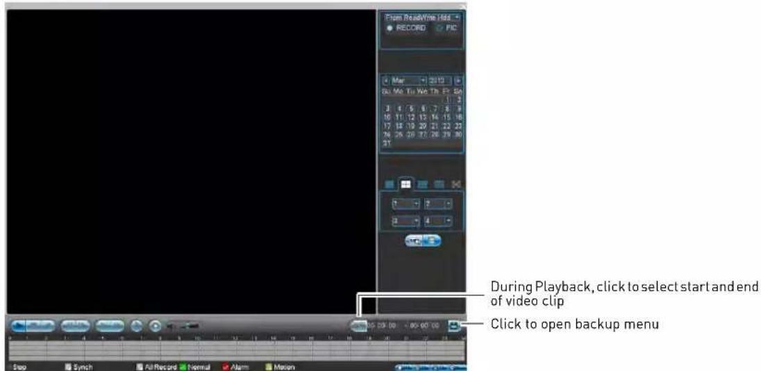 Play Read/Write Hld RECORD PIC Mar 2010 Gut Mio Tu We Th 27:34 1.1 3 4 5 6 7 8 9 10 11 12 13 14 15 16 17 18 19 20 21 22 23 26 27 28 29 30 31 During Playback, click to select start and end of video clip Click to open backup menu Step Synch Air Record Normal Alarms Motion