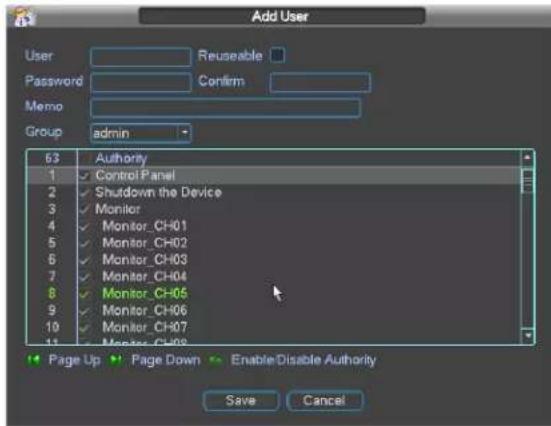 Add User User Reusable Password Confirm Memo Group admin 63 Authority 1 Control Panel 2 Shutdown the Device 3 Monitor 4 Monitor_CH01 5 Monitor_CH02 6 Monitor_CH03 7 Monitor_CH04 8 Monitor_CH05 9 Monitor_CH06 10 Monitor_CH07 Page Up Page Down Enable/Disable Authority Save Cancel