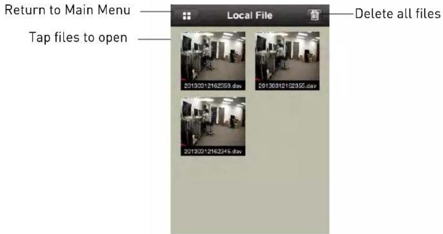 Local File Return to Main Menu Tap files to open Delete all files 20130312162359.dav 20130312162355.dav 20130312162345.dav