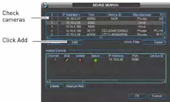 Check cameras Click Add Device Search P Address - Port Device ID Manufacturer 1 16.10.5.87 43006 N/R Private NV 16.10.5.85 6999 Open 16.10.5.81 8992 Open 16.10.5.81 3777 T2C:DNW72K042 Private IPC-H 16.10.5.86 43006 YCCU AY640006 Open IP Add Show Filter None Adder Device Channel Edit Design Status P Address Port Device ID 1 X 16.10.5.85 8999 Delete Manual Add OK Cancel
