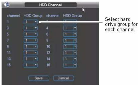 HDD Channel channel HDD Group channel HDD Group 1 1 0 4 3 1 4 1 5 1 6 1 7 1 8 1 9 1 10 1 11 1 12 1 13 1 14 1 15 1 16 1 Select hard drive group for each channel Save Cancel