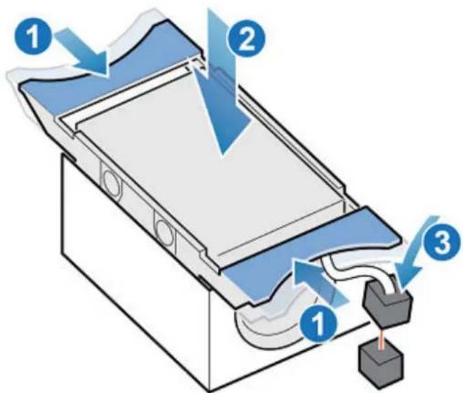Diagram of a device with labeled components and airflow indicators, showing three numbered parts of the device.