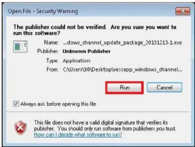 Open File - Security Warning The publisher could not be verified. Are you sure you want to run this software? Name: ...dows_channel_update_package_20131213-1.exe Publisher: Unknown Publisher Type: Application From: C:\Users\90\Desktop\vessapp_windows_channel... Run Cancel ✓ Always ask before opening this file This file does not have a valid digital signature that verifies its publisher. You should only run software from publishers you trust. How can I decide what software to run?