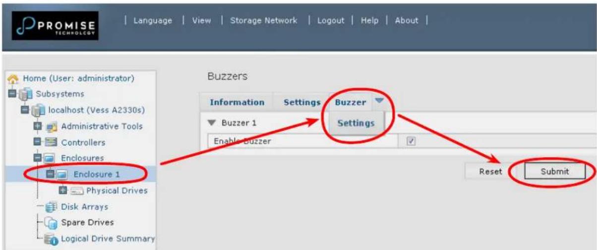PROMISE TECHNOLOGY Language View Storage Network Logout Help About | Home (User: administrator) Subsystems localhost (Vess A2330s) Administrative Tools Controllers Enclosures Enclosure 1 Physical Drives Disk Arrays Spare Drives Logical Drive Summary Buzzers Information Settings Buzzer Buzzer 1 Settings Enable Buzzer Reset Submit