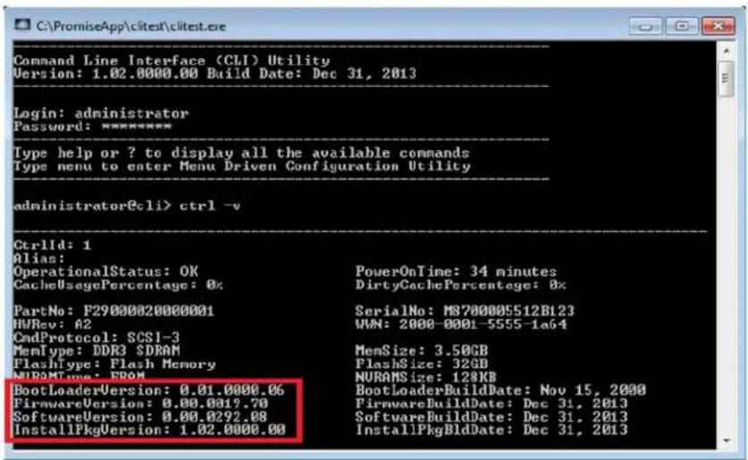 Command Line Interface (CLI) Utility Version: 1.02.0000.00 Build Date: Dec 31, 2013 Login: administrator Password: ****** Type help or ? to display all the available commands Type menu to enter Menu Driven Configuration Utility administrator@cli> ctrl -v CtrlId: 1 Alias: OperationalStatus: OK CacheUsagePercentage: 0% PartNo: F29000020000001 HVRev: A2 CmdProtocol: SCSI-3 MemItype: DDR3 $DRAM FlashType: Flash Memory NURAMTime: FROM BootLoaderVersion: 0.01.0000.06 FirmwareVersion: 0.00.0019.70 SoftwareVersion: 0.00.0292.08 InstallPkgVersion: 1.02.0000.00 PowerOnTime: 34 minutes DirtyCachePercentage: 0% SerialNo: M8700005512B123 WAN: 2000-0001-5555-1a64 MemSize: 3.50GB FlashSize: 32GB NURAMSize: 128KB BootLoaderBuildDate: Nov 15, 2000 FirmwareBuildDate: Dec 31, 2013 SoftwareBuildDate: Dec 31, 2013 InstallPkgBldDate: Dec 31, 2013