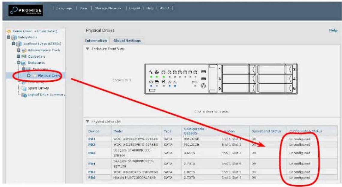 PROMISE Language | View | Storage Network | Layout | Help | About | Home (User: administrator) Subsystems Inputset (Vess A2330x) Administrative Tools Controllers Endosures Enclosure 1 Physical Drive Discharge: Spars Drives Logical Drive Summary Physical Drives Help Information Global Settings Enclosure 1 Click a drive to locate. Physical Drive List Device Model Type Configurable Capacity Operation Operational Status Configuration Status PD1 WDC WD2001FBYG-32A6B0 SATA 931.32GB End 1 Slot 1 OK Unconfigured PD2 WDC WD2002FBYS-32A6B0 SATA 931.32GB End 1 Slot 2 OK Unconfigured PD3 Seagate ST4000NC000-1FR160 SATA 3.64TB End 1 Slot 3 OK Unconfigured PD4 Seagate ST3000NM033-SZML78 SATA 2.73TB End 1 Slot 4 OK Unconfigured PD5 WDC WD200AR5-S9KVW50 SATA 1.82TB End 1 Slot 5 OK Unconfigured PD6 Hitachi HUA723030ALA640 SATA 2.73TB End 1 Slot 6 OK Unconfigured