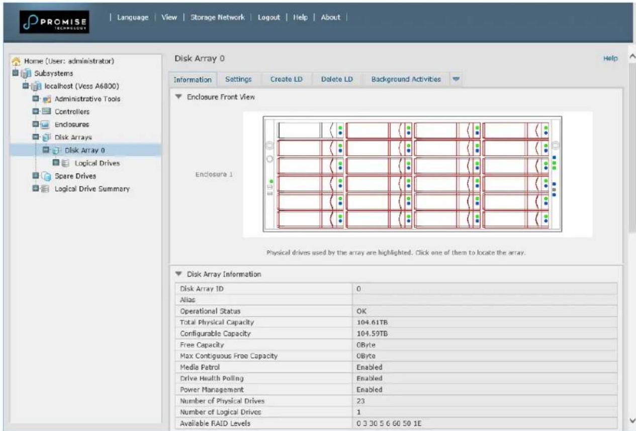 PROMISE TECHNOLOGY Language View Storage Network Logout Help About Home (User: administrator) Subsystems localhost (Vess A6800) Administrative Tools Controllers Enclosures Disk Arrays Disk Array 0 Logical Drives Spare Drives Logical Drive Summary Disk Array 0 Help Information Settings Create LD Delete LD Background Activities Enclosure Front View Enclosure 1 Physical drives used by the array are highlighted. Click one of them to locate the array. Disk Array Information Disk Array ID 0 Alias Operational Status OK Total Physical Capacity 104.61TB Configurable Capacity 104.59TB Free Capacity 0Byte Max Contiguous Free Capacity 0Byte Media Patrol Enabled Drive Health Polling Enabled Power Management Enabled Number of Physical Drives 23 Number of Logical Drives 1 Available RAID Levels 0 3 30 5 6 60 50 1E
