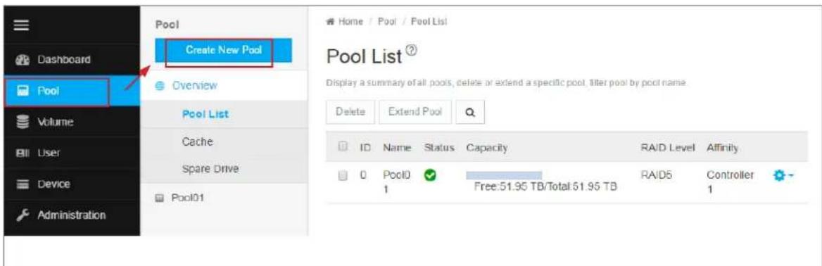 Home / Pool / Pool List Pool List② Display a summary of all pools, delete or extend a specific pool, filter pool by pool name. Delete Extend Pool ID Name Status Capacity RAID Level Affinity 0 PocI0 Free:51.95 TB/Total 51.95 TB RAID5 Controller 1 1