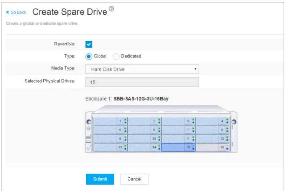 Go Back Create Spare Drive Create a global or dedicate spare drive. Revertible: Type: Global Dedicated Media Type: Hard Disk Drive Selected Physical Drives: 15 Enclosure 1: SBB-SAS-12G-3U-16Bay Submit Cancel