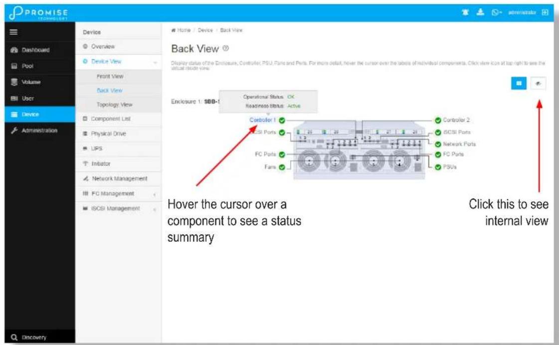 PROMISE 2000000001 Device Overview Device View Front View Back View Topology View Component List Physical Drive UPS Inhibitor Network Management FC Management iSCSI Management Back View Display status of the Enclosure, Controller, PSU, Pins and Puts. For more detail, hover the cursor over the labels of individual components. Click view icon at top right to see the virtual icons view. Enclosure 1: SSB-1 Operational Status: OK Readiness Status: Active Controller 1 Controller 2 iSCSI Ports Network Ports FC Ports FC Puts Fans PSUs Hover the cursor over a component to see a status summary Click this to see internal view Discovery