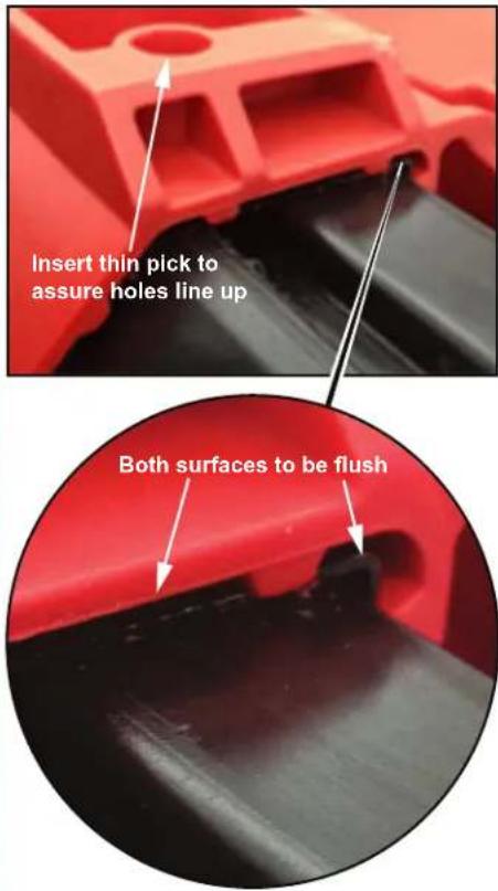 Insert thin pick to assure holes line up Both surfaces to be flush