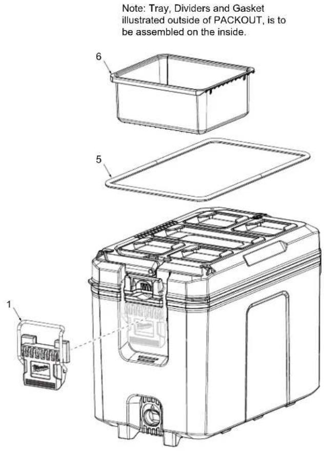 Note: Tray, Dividers and Gasket illustrated outside of PACKOUT, is to be assembled on the inside.