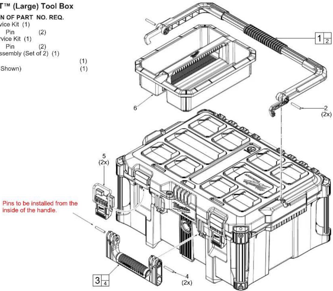 T™ (Large) Tool Box N OF PART NO. REQ. Service Kit (1) Pin (2) Service Kit (1) Pin (2) Assembly (Set of 2) (1) (1) (1) (1) 6 2 (2x) 5 (2x) 3 4 4 (2x) Pins to be installed from the inside of the handle.