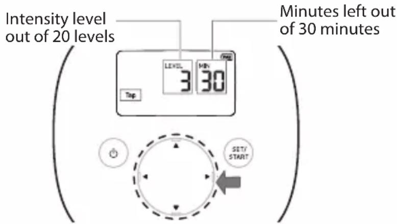Intensity level out of 20 levels Minutes left out of 30 minutes LEVEL 3 30 SET/ START
