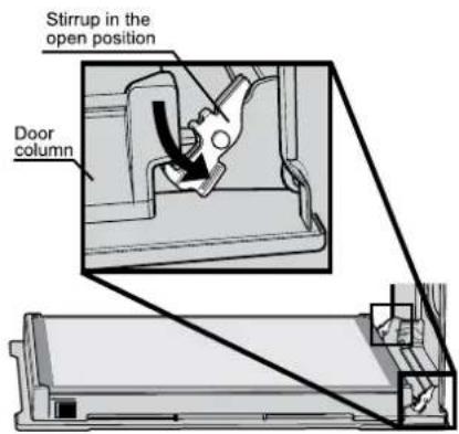 Stirrup in the open position Door column