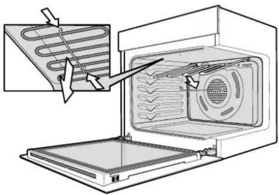 Diagram illustrating the installation of a microwave oven with labeled components and airflow direction