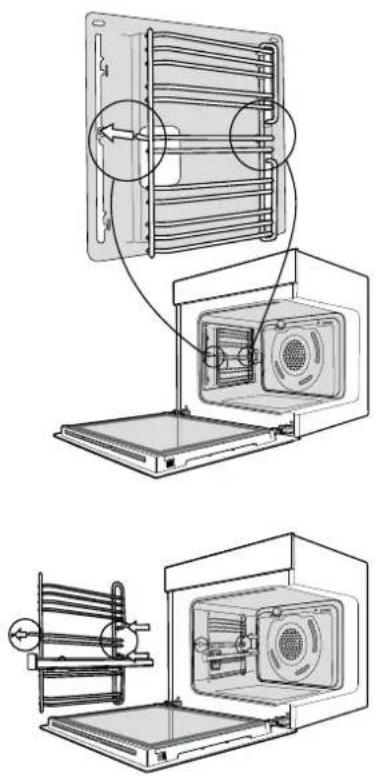 Technical diagram showing installation of a microwave oven with labeled components and airflow direction arrows