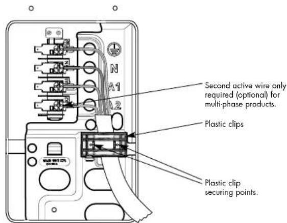 Second active wire only required (optional) for multi-phase products. Plastic clips Plastic clip securing points.