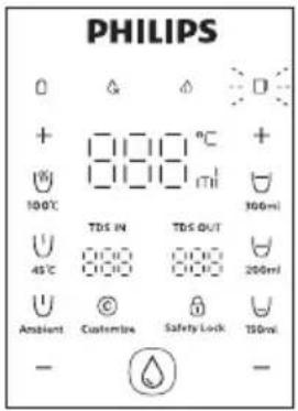 PHILIPS 0 & Ø 0 + □□□°C + 100℃ □□□mi 300ml 45℃ TDS IN TDS OUT 200ml Ambient Customise Safety Lock 150ml - -