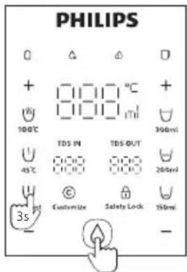 PHILIPS 0 + 100°C TDS IN 45°C Customize Safety Lock 3s TDS OUT 200ml 150ml 300ml +