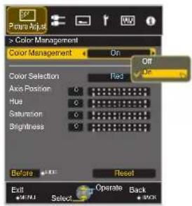 Photo Adjust > Color Management Color Management On Off On Color Selection Red Axis Position C Hua C Saturation C Brightness C Before Reset Exit Select Operate Back