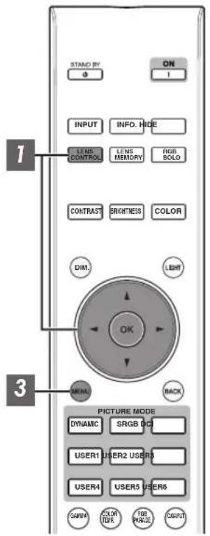 STAND BY ON INPUT INFO. HIDE LENS CONTROL LENS MEMORY RED SOLO CONTRAST BRIGHTNESS COLOR DIM LIGHT OK BACK 3 PICTURE MODE DYNAMIC SRGB 00 USER1 USER2 USER5 USER4 USER5 USER6 GAMM COLOR TIME FOR PARZI OUTPUT