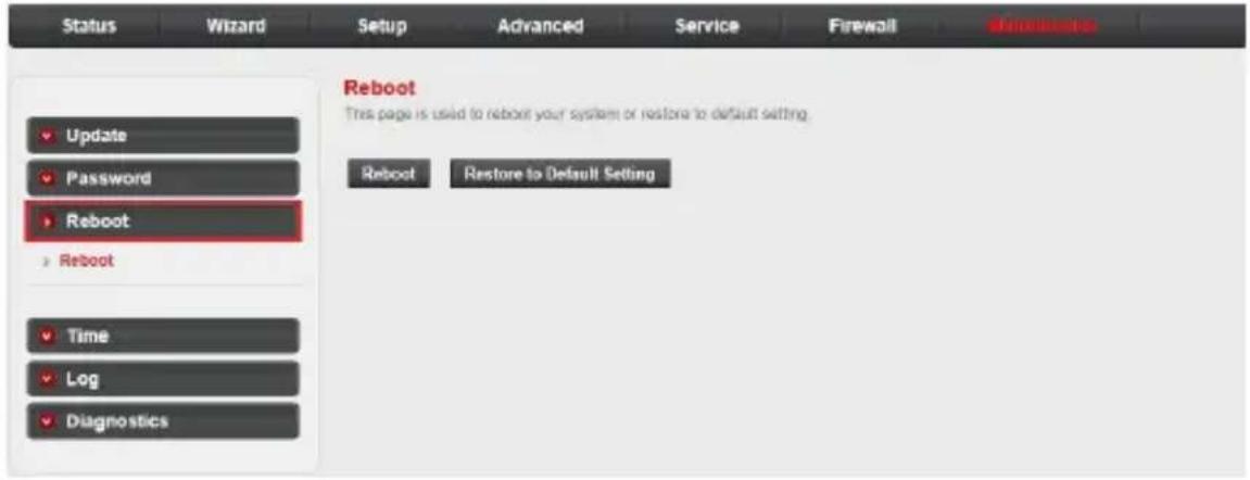 Status Wizard Setup Advanced Service Firewall Update Password Reboot Reboot Time Log Diagnostics Reboot This page is used to reboot your system or restore to default setting Reboot Restore to Default Setting