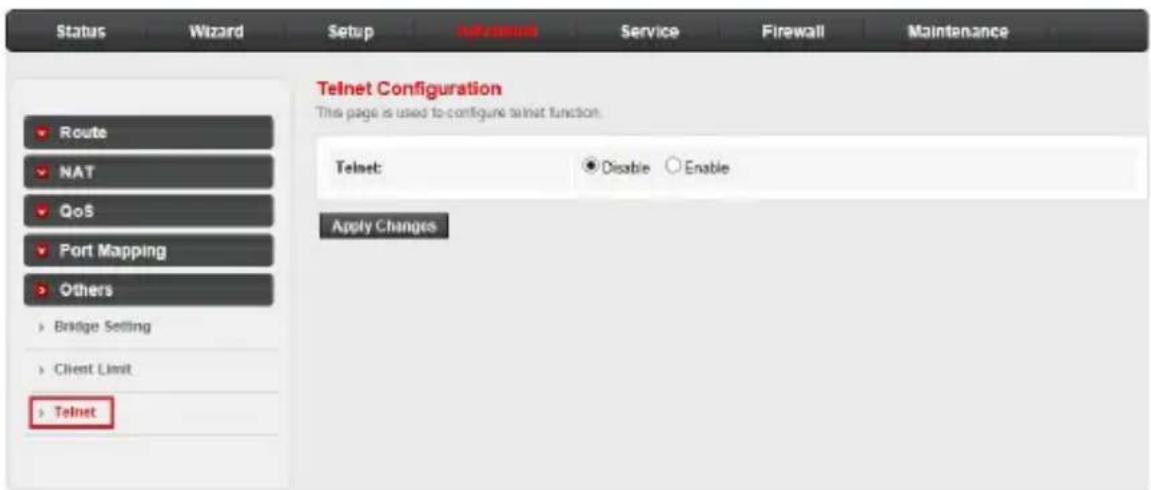 Status Wizard Setup Networks Service Firewall Maintenance Telnet Configuration This page is used to configure telnet function. Route NAT QoS Port Mapping Others Bridge Setting Client Limit Telnet Telnet: Disable Enable Apply Changes