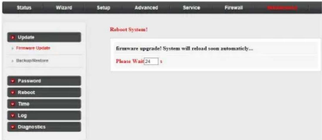Status Wizard Setup Advanced Service Firewall Reboot System! Update Firmware Update BackupRestore Password Reboot Time Log Diagnostics Reboot System! firmware upgrade! System will reload soon automatically... Please Wait 24 s