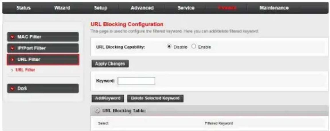 Status Wizard Setup Advanced Service Print Maintenance MAC Filter IP/Port Filter URL Filter URL Filter DoS URL Blocking Configuration This page is used to configure the filtered keyword. Here you can add/delete filtered keyword. URL Blocking Capability: Disable Enable Apply Changes Keyword: AddKeyword Delete Selected Keyword URL Blocking Table: Select Filtered Keyword