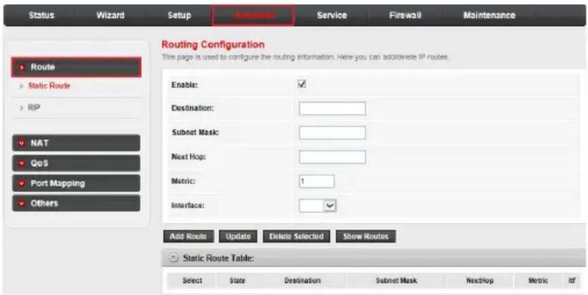 Status Wizard Setup Maintenance Service Firewall Maintenance Routing Configuration This page is used to configure the routing information. Here you can adddelete IP routes. Route Static Route RIP NAT QoS Port Mapping Others Enable: Destination: Subnet Mask: Next Hop: Metric: Interface: Add Route Update Delete Selected Show Routes Static Route Table: Select State Destination Subnet Mask NextHop Metric Itf