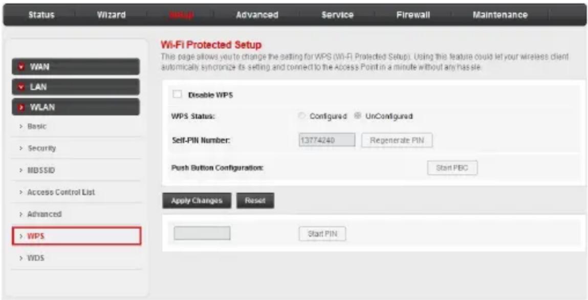 Status Wizard setup Advanced Service Firewall Maintenance Wi-Fi Protected Setup This page allows you to change the setting for WPS (Wi-Fi Protected Setup). Using this feature could let your wireless client automatically synchronize its setting and connect to the Access Point in a minute without any hassle. WAN LAN WLAN Basic Security MBSSID Access Control List Advanced WPS WDS Disable WPS WPS Status: Configured UnConfigured Self-PIN Number: 13774240 Regenerate PIN Push Button Configuration: Start PBC Apply Changes Reset Start PIN