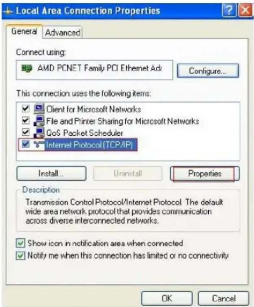 Local Area Connection Properties General Advanced Connect using: AMD PCNET Family PCI Ethernet Ad Configure... This connection uses the following items: Client for Microsoft Networks File and Printer Sharing for Microsoft Networks QoS Packet Scheduler Internet Protocol (TCP/IP) Install... Uninstall Properties Description Transmission Control Protocol/Internet Protocol. The default wide area network protocol that provides communication across diverse interconnected networks. Show icon in notification area when connected Notify me when this connection has limited or no connectivity OK Cancel