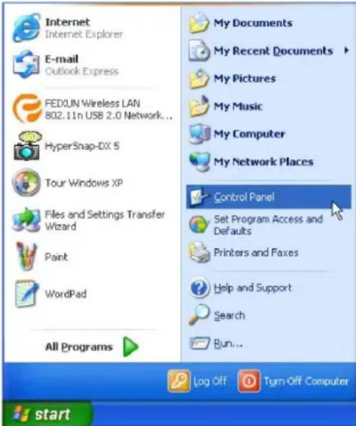 Internet Internet Explorer E-mail Outlook Express FEIXUN Wireless LAN 802.11n USB 2.0 Network... HyperSnap-DX 5 Tour Windows XP Files and Settings Transfer Wizard Paint WordPad All Programs My Documents My Recent Documents ▶ My Pictures My Music My Computer My Network Places Control Panel Set Program Access and Defaults Printers and Faxes Help and Support Search Run... Log Off Turn Off Computer start
