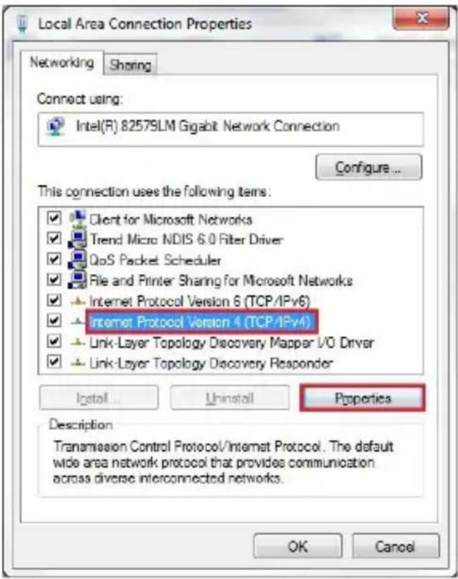 Local Area Connection Properties Networking Sharing Connect using: Intel(R) 82579LM Gigabit Network Connection Configure... This connection uses the following items: ✓ Client for Microsoft Networks ✓ Trend Micro NDIS 6.0 Filter Driver ✓ QoS Packet Scheduler ✓ File and Printer Sharing for Microsoft Networks ✓ Internet Protocol Version 6 (TCP/IPv6) ✓ Internet Protocol Version 4 (TCP/IPv4) ✓ Link-Layer Topology Discovery Mapper I/O Driver ✓ Link-Layer Topology Discovery Responder Install... Uninstall Properties Description Transmission Control Protocol/Internet Protocol. The default wide area network protocol that provides communication across diverse interconnected networks. OK Cancel