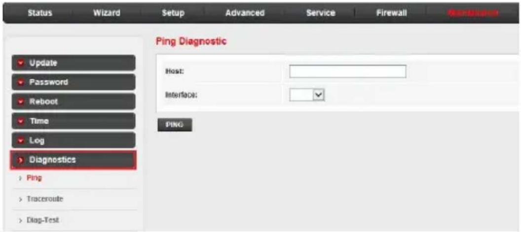 Status Wizard Setup Advanced Service Firewall Management Ping Diagnostic Update Password Reboot Time Log Diagnostics Ping Traceroute Diag-Test Host: Interface: PING