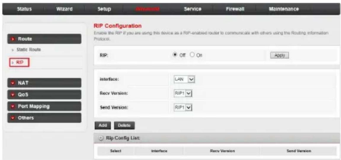 Status Wizard Setup Involved Service Firewall Maintenance Route Static Route RIP NAT QoS Port Mapping Others RIP Configuration Enable the RIP if you are using this device as a RIP-enabled router to communicate with others using the Routing Information Protocol. RIP: OFF On Apply Interface: LAN Recv Version: RIP1 Send Version: RIP1 Add Delete Rip Config List: Select Interface Recv Version Send Version