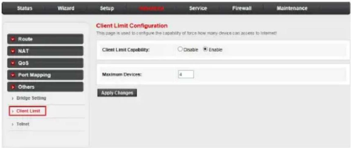Status Wizard Setup Mechanical Service Firewall Maintenance Client Limit Configuration This page is used to configure the capability of force how many device can access to Internet! Route NAT QoS Port Mapping Others Bridge Setting Client Limit Telnet Client Limit Capability: Disable Enable Maximum Devices: 4 Apply Changes