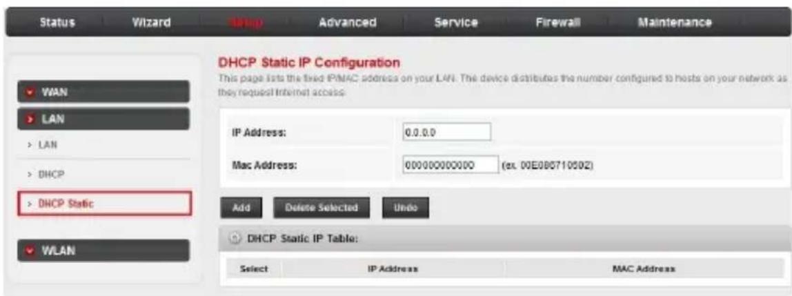 Status Wizard Setup Advanced Service Firewall Maintenance DHCP Static IP Configuration This page lists the fixed IP/MAC address on your LAN. The device distributes the number configured to hosts on your network as they request Internet access. WAN LAN LAN DHCP DHCP Static WLAN IP Address: 0.0.0.0 Mac Address: 00000000000 (ex. 00E08071050Z) Add Delete Selected Undo DHCP Static IP Table: Select IP Address MAC Address