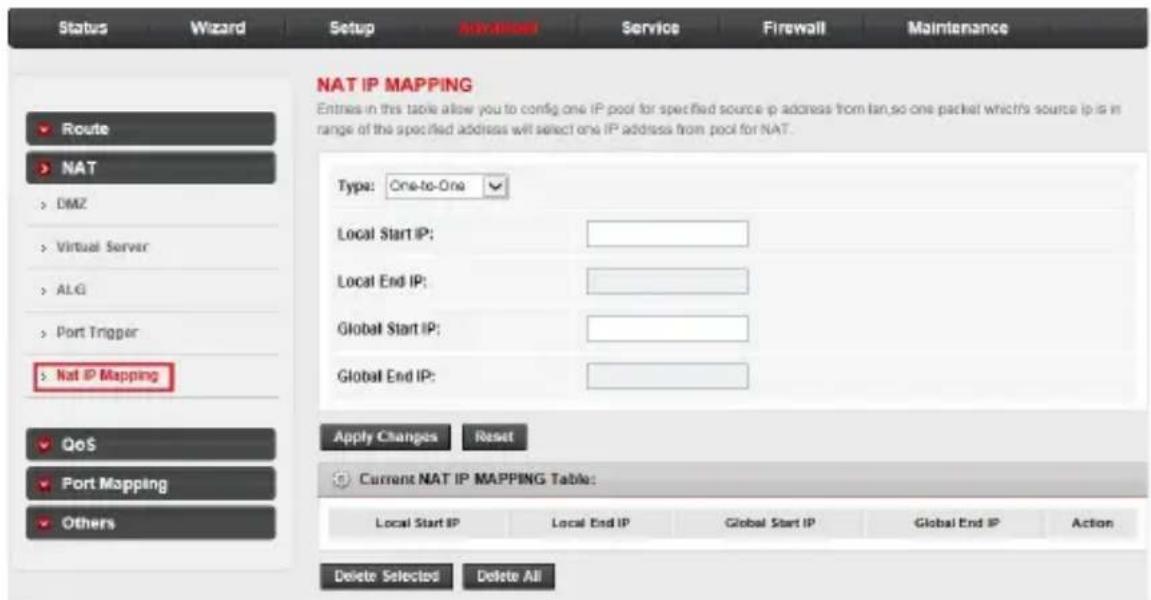 Status Wizard Setup Awarded Service Firewall Maintenance NAT IP MAPPING Entries in this table allow you to config one IP pool for specified source ip address from fan, so one packet which's source ip is in range of the specified address will select one IP address from pool for NAT. Type: One-to-One Local Start IP: Local End IP: Global Start IP: Global End IP: Apply Changes Reset Current NAT IP MAPPING Table: Local Start IP Local End IP Global Start IP Global End IP Action Delete Selected Delete All