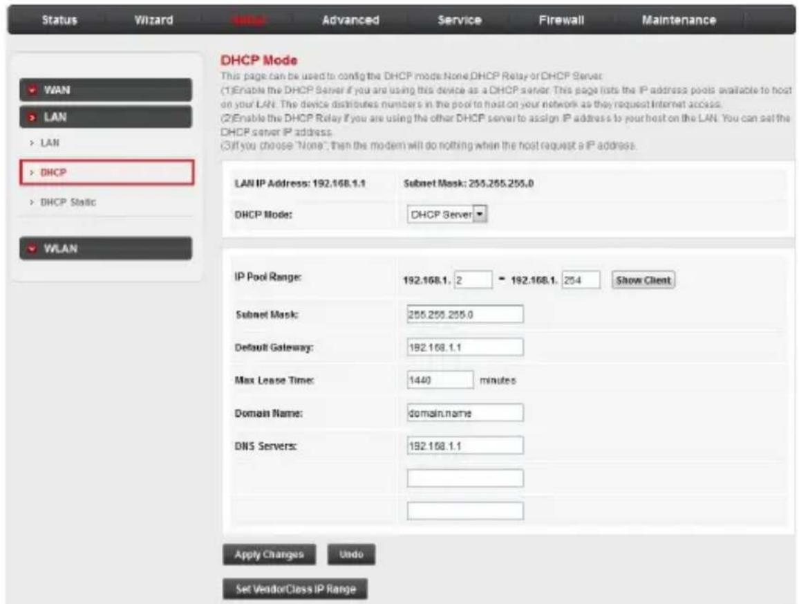 Status Wizard Advanced Service Firewall Maintenance DHCP Mode This page can be used to config the DHCP mode None.DHCP Relay or DHCP Server (1)Enable the DHCP Server if you are using this device as a DHCP server. This page lists the IP address pools available to host on your LAN. The device distributes numbers in the pool to host on your network as they request Internet access. (2)Enable the DHCP Relay if you are using the other DHCP server to assign IP address to your host on the LAN. You can set the DHCP server IP address. (3)If you choose "None", then the modem will do nothing when the host request a IP address. LAN IP Address: 192.168.1.1 Subnet Mask: 255.255.255.0 DHCP Mode: DHCP Server IP Pool Range: 192.168.1.2 = 192.168.1.254 Show Client Subnet Mask: 255.255.255.0 Default Gateway: 182.168.1.1 Max Lease Time: 1440 minutes Domain Name: domain.name DNS Servers: 182.168.1.1 Apply Changes Undo Set VendorClass IP Range