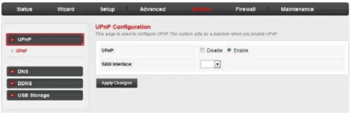 Status Wizard Setup Advanced Security Firewall Maintenance UPnP Configuration This page is used to configure UPnP. The system acts as a daemon when you enable UPnP. UPnP: UPnP: Disable Enable WAN Interface: Apply Changes
