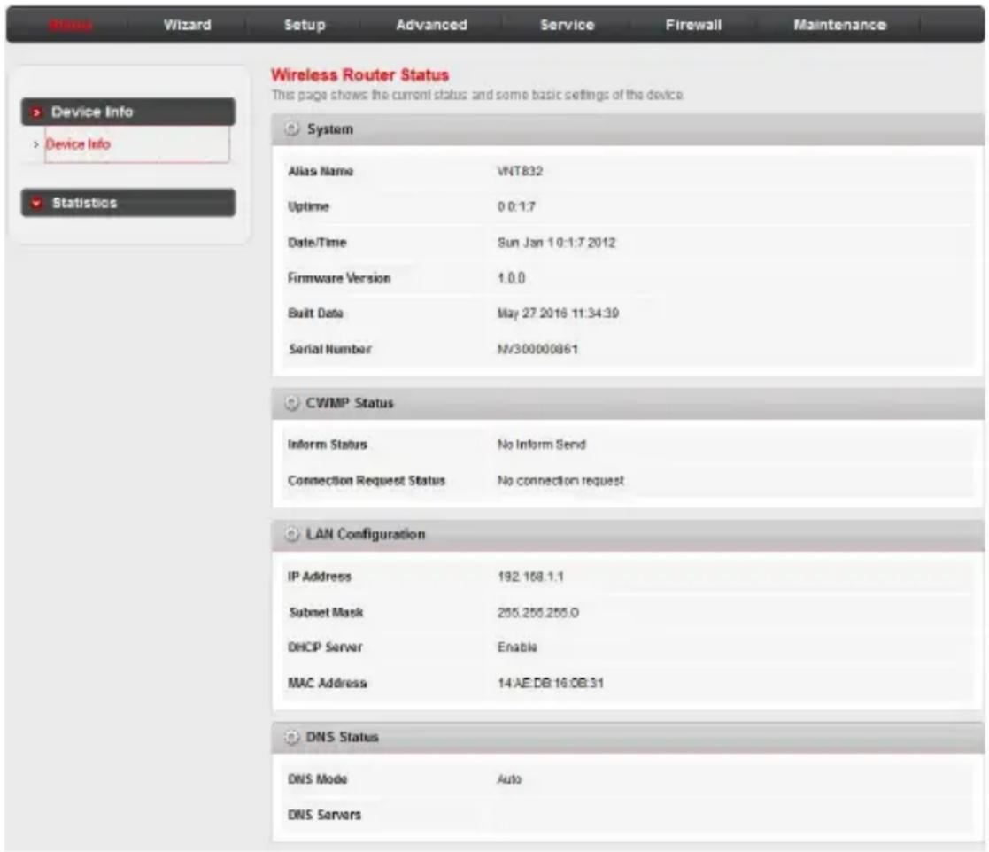 Windows Wizard Setup Advanced Service Firewall Maintenance Wireless Router Status This page shows the current status and some basic settings of the device. > Device Info > Device Info Statistics System Alias Name VNT832 Uptime 0 0:1.7 Date/Time Sun Jan 10:1:7 2012 Firmware Version 1.0.0 Built Date May 27 2016 11:34:39 Serial Number N/300000861 CWMP Status Inform Status No Inform Send Connection Request Status No connection request LAN Configuration IP Address 192.168.1.1 Subnet Mask 255.255.255.0 DHCP Server Enable MAC Address 14.AE.DB:16.0B:31 DNS Status DNS Mode Auto DNS Servers