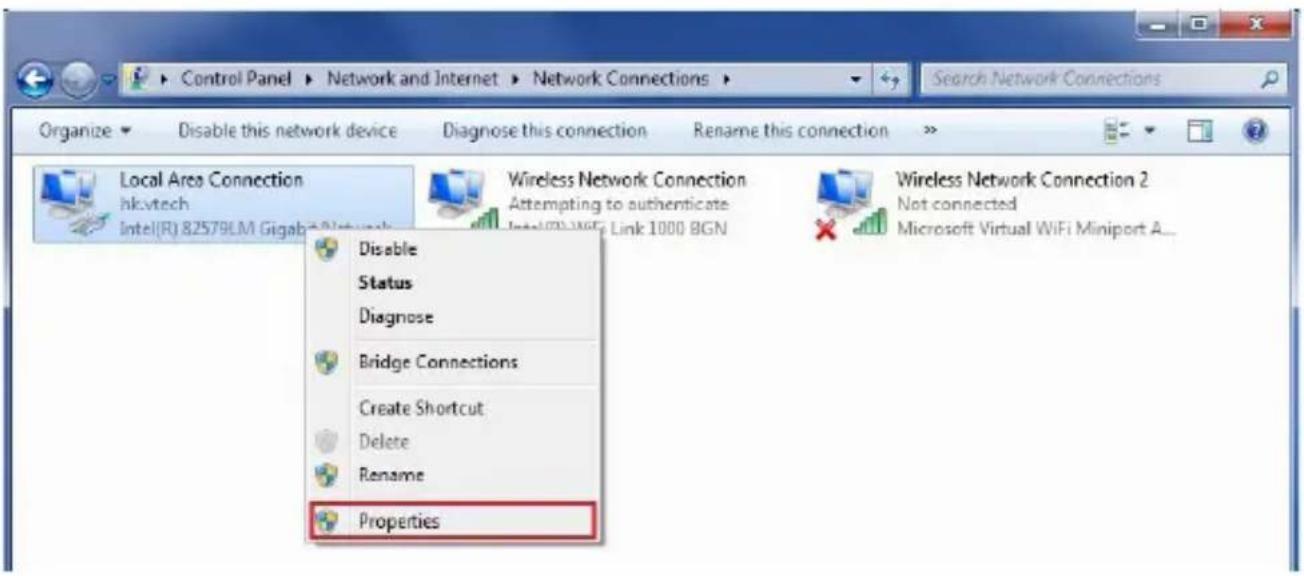Control Panel > Network and Internet > Network Connections > Search Network Connections Organize < Disable this network device Diagnose this connection Rename this connection >> Local Area Connection hkvtech Intel(R) 82579LM Gigab 3.0Network Wireless Network Connection Attempting to authenticate Intel(R) 82579LM Gigab 3.0Network Wireless Network Connection 2 Not connected Microsoft Virtual WiFi Miniport A... Disable Status Diagnose Bridge Connections Create Shortcut Delete Rename Properties