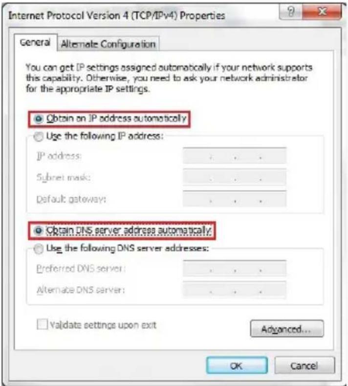 Internet Protocol Version 4 (TCP/IPv4) Properties General Alternate Configuration You can get IP settings assigned automatically if your network supports this capability. Otherwise, you need to ask your network administrator for the appropriate IP settings. Obtain on IP address automatically Use the following IP address: IP address: . Subnet mask: . Default gateway: . Obtain DNS server address automatically Use the following DNS server addresses: Preferred DNS server: . Alternate DNS server: . Validate settings upon exit Advanced... OK Cancel
