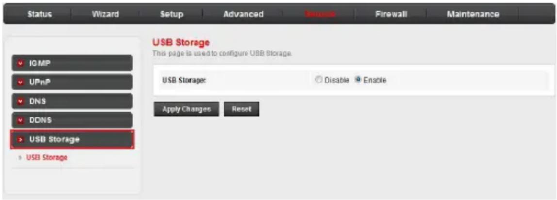 Status Wizard Setup Advanced Firewall Maintenance USB Storage This page is used to configure USB Storage IGMP UPnP DNS DDNS USB Storage USB Storage: Disable Enable Apply Changes Reset