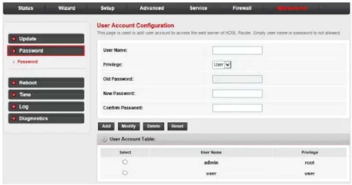 Status Wizard Setup Advanced Service Firewall Maintenance User Account Configuration This page is used to add user account to access the web server of ADSL Router. Empty user name or password is not allowed. Update Password Password Reboot Time Log Diagnostics User Name: Privilege: User Old Password: New Password: Confirm Password: Add Modify Delete Reset User Account Table: Select User Name Privilege ○ admin root ○ user user