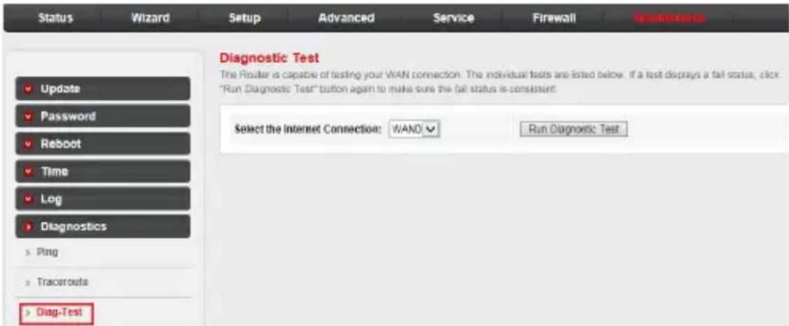 Status Wizard Setup Advanced Service Firewall Diagnostic Test The Router is capable of testing your WAN connection. The individual tests are listed below. If a test displays a fall status, click "Run Diagnostic Test" button again to make sure the fall status is consistent. Update Password Reboot Time Log Diagnostics > Ping > Traceroute > Diag-Test Select the Internet Connection: WAND Run Diagnostic Test