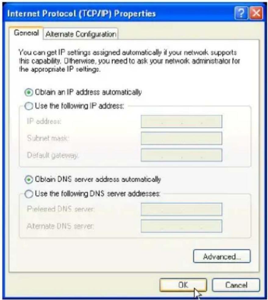 Internet Protocol (TCP/IP) Properties General Alternate Configuration You can get IP settings assigned automatically if your network supports this capability. Otherwise, you need to ask your network administrator for the appropriate IP settings. Obtain an IP address automatically Use the following IP address: IP address: Subnet mask: Default gateway. Obtain DNS server address automatically Use the following DNS server addresses: Preferred DNS server: Alternate DNS server: Advanced... OK Cancel